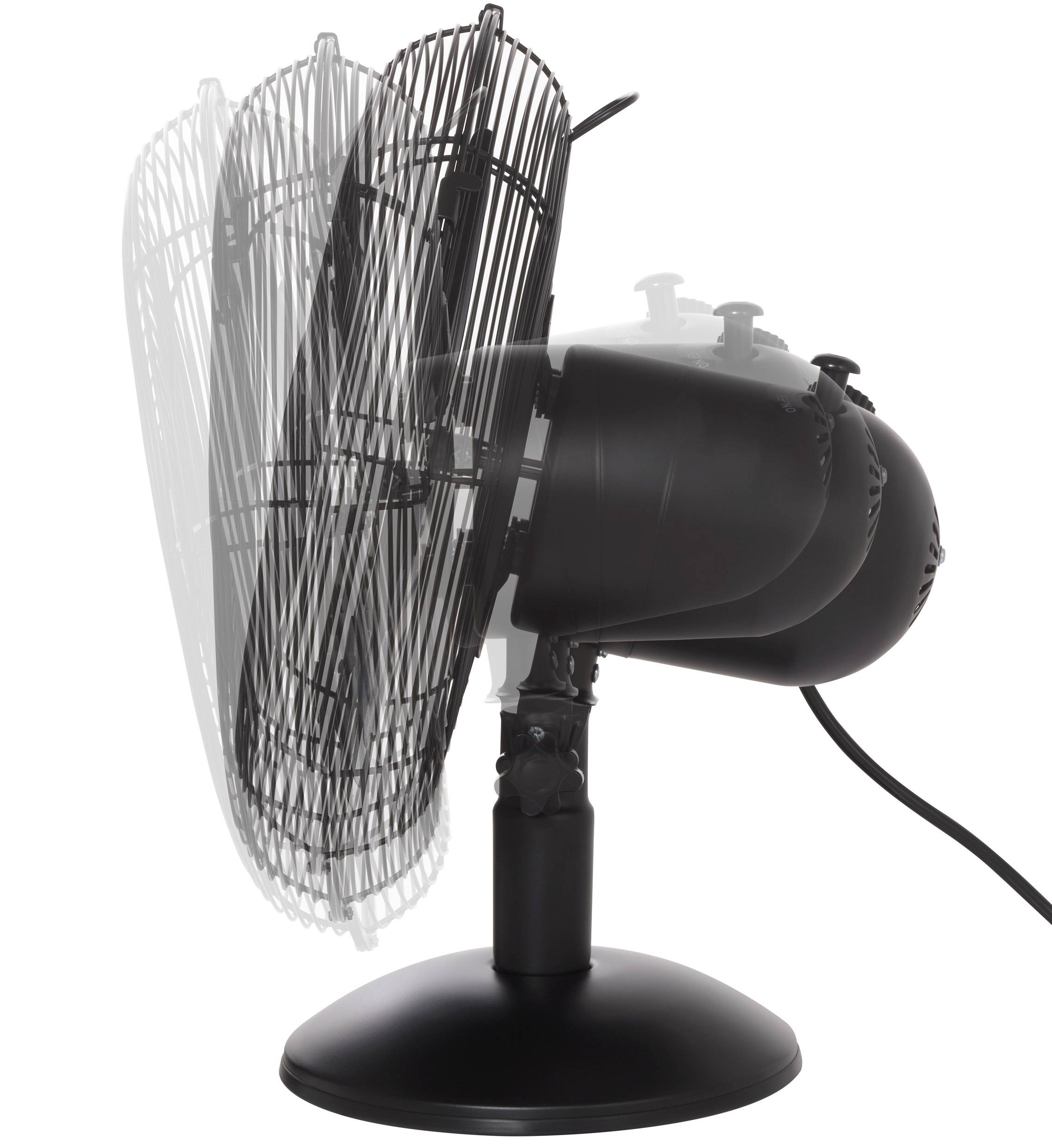 Un ventilateur de table noir oscillant, vu de profil, indiquant le mouvement par des contours flous de la tête du ventilateur dans différentes positions.