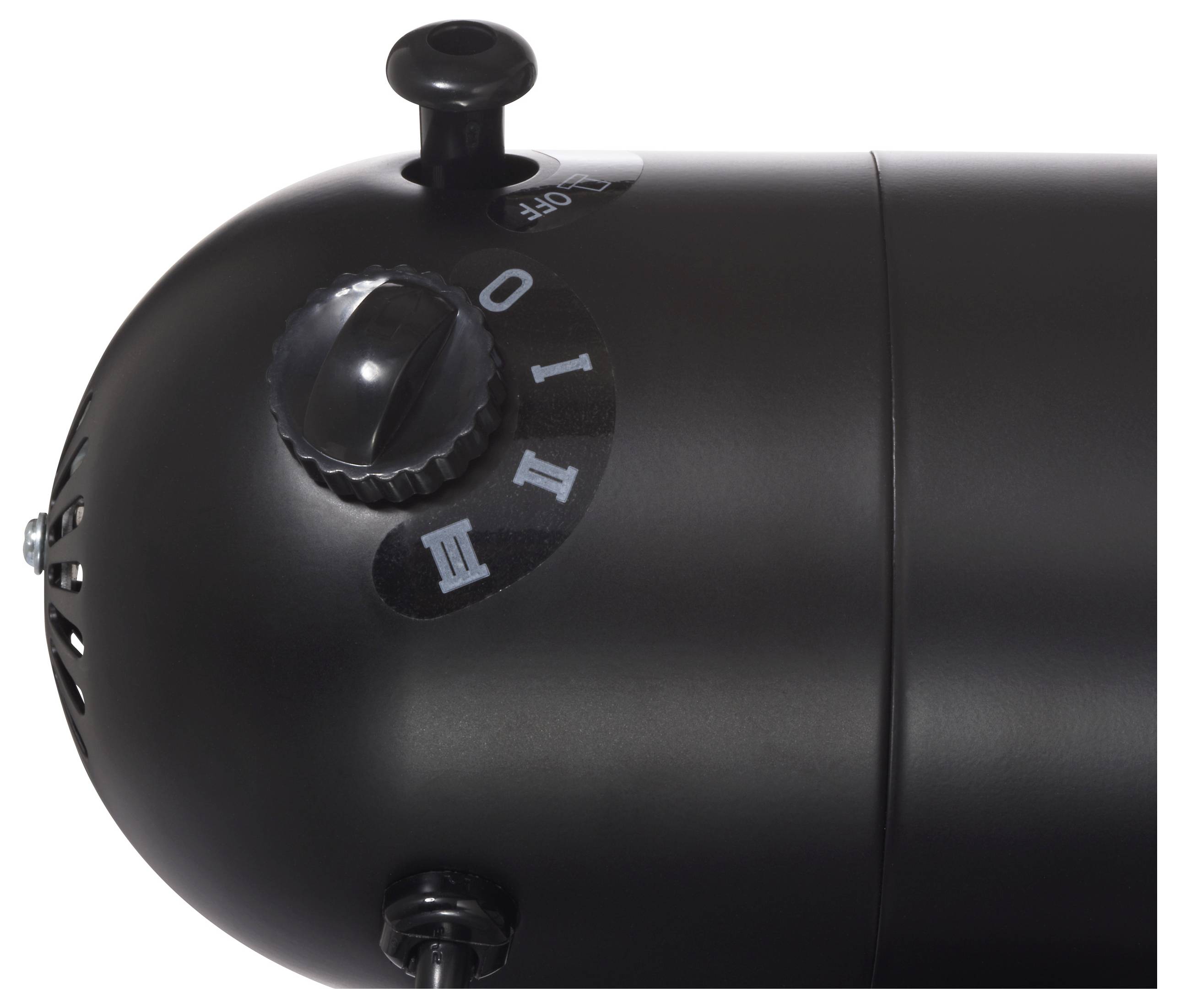 Une vue rapprochée d'un objet cylindrique noir avec un interrupteur étiqueté « Off » et « I », comprenant des boutons et des commandes supplémentaires.