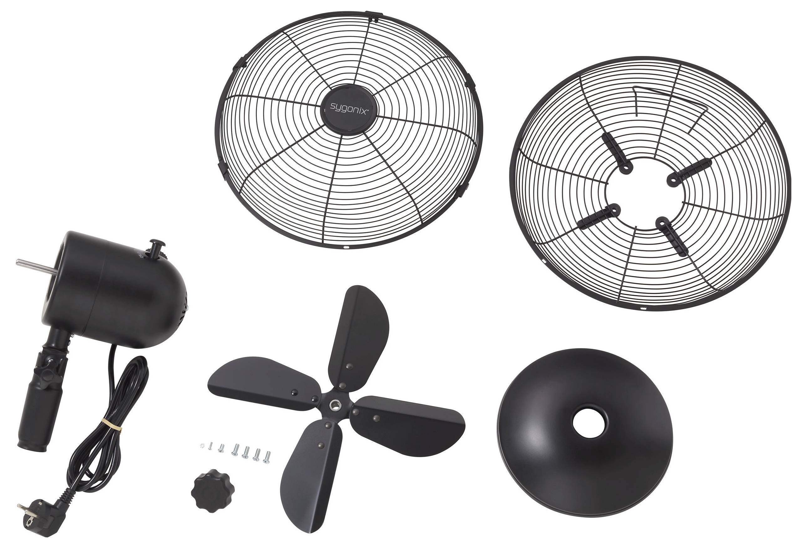 Pièces détachées d'un ventilateur noir comprenant un moteur, quatre pales, deux grilles de protection, des vis et un bouton, disposées sur un fond uni.