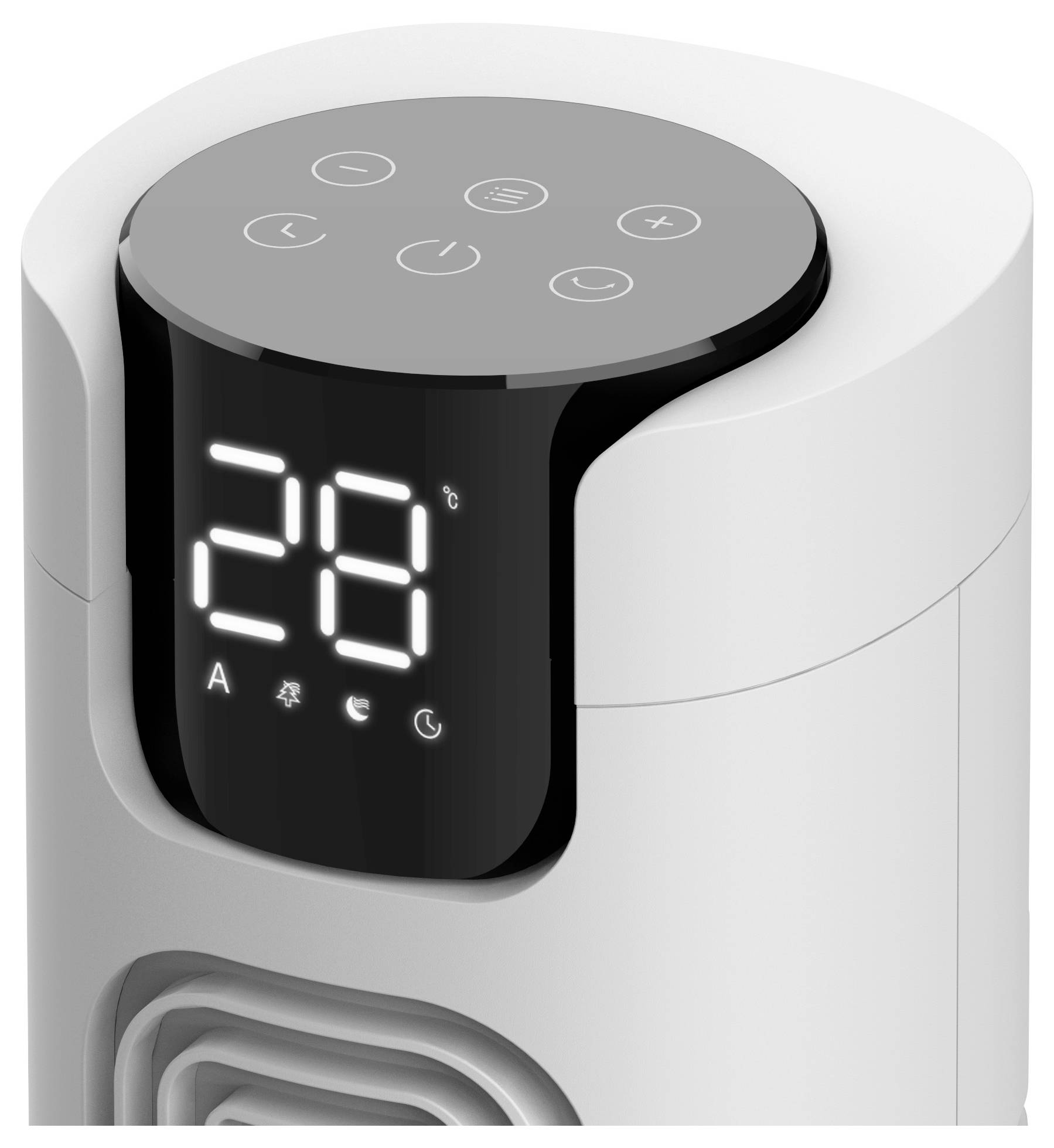 Un thermostat numérique réglé à 28°C, affichant des icônes de contrôle de température, de mise en marche et de réglages du ventilateur sur un appareil élégant et moderne.