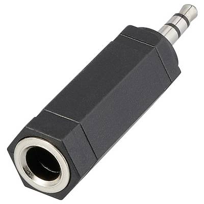 Un adaptateur audio noir avec une fiche mâle stéréo de 3,5 mm et une prise femelle, utilisé pour connecter différents appareils audio.