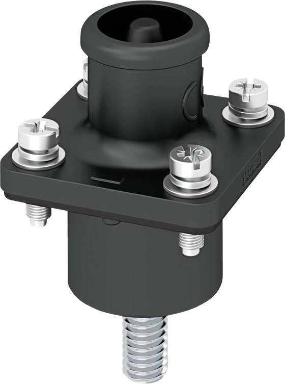 Un composant mécanique noir doté de vis et d'un sommet cylindrique, probablement une pièce d'une machine ou d'un dispositif plus grand servant au montage ou au support.