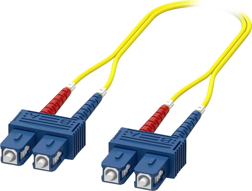 Une paire de connecteurs à fibre optique bleus avec des câbles jaunes, utilisés pour la transmission de données à haute vitesse dans les réseaux et les télécommunications.