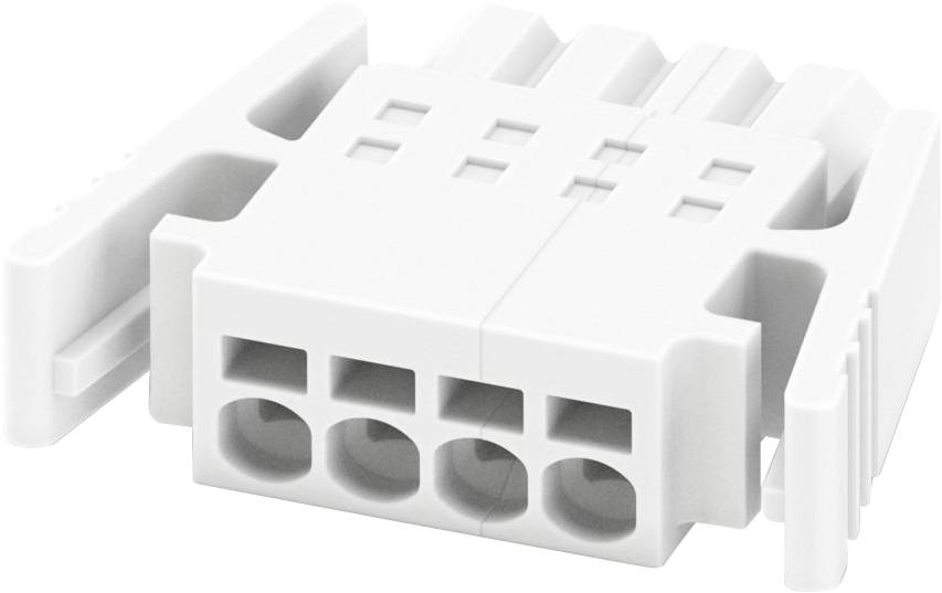 Un connecteur électrique blanc multibroches à quatre emplaches de fiche, doté de languettes de verrouillage sur les côtés pour des connexions sécurisées.