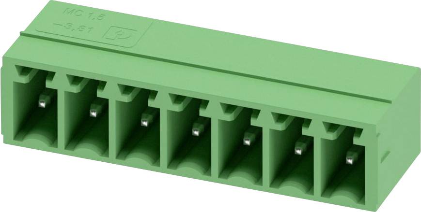 Un connecteur de bloc de terminaux vert à 8 broches avec des emplacements étiquetés pour les connexions électriques.