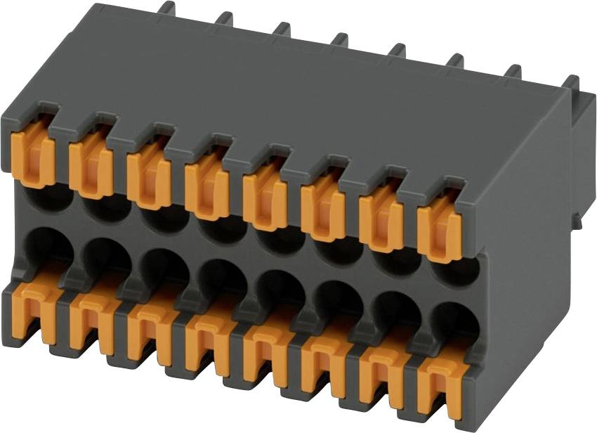 « Un bornier électrique à deux rangées, orange et noir, présentant 18 points de connexion pour un câblage sécurisé dans les dispositifs électroniques. »