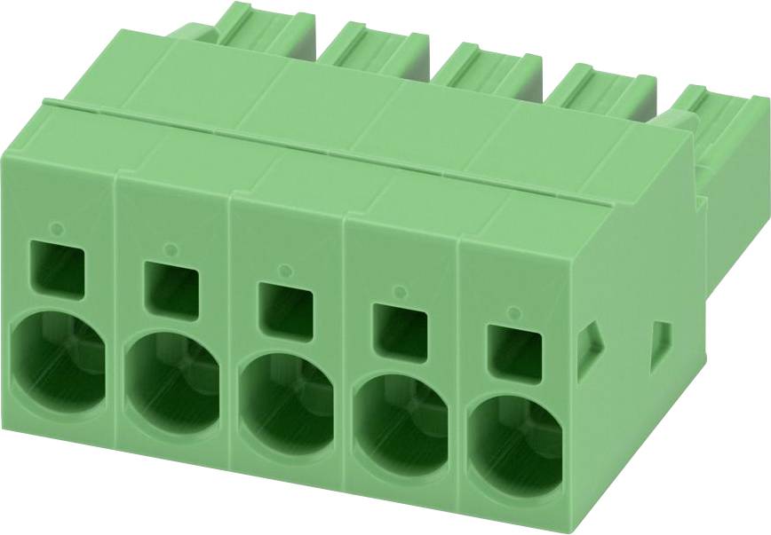 Un bornier vert à 5 positions avec connexion par poussoir, coudé, sur un fond blanc, utilisé pour des applications de câblage électrique.