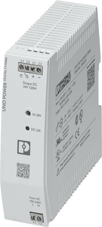 Un bloc d'alimentation Phoenix Contact UNO gris, modèle 100-240V, avec sortie DC 24V/120W, doté de voyants de mise sous tension et de bornes de connexion.