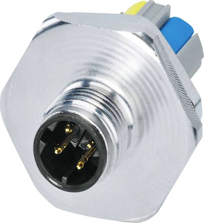 Un gros plan d'un connecteur électronique circulaire métallique avec de multiples broches et des fils de couleur, utilisé pour des connexions électriques sécurisées.