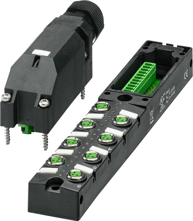 Un module de connecteur électrique industriel noir avec plusieurs ports verts et un couvercle amovible, adapté à diverses applications de câblage.