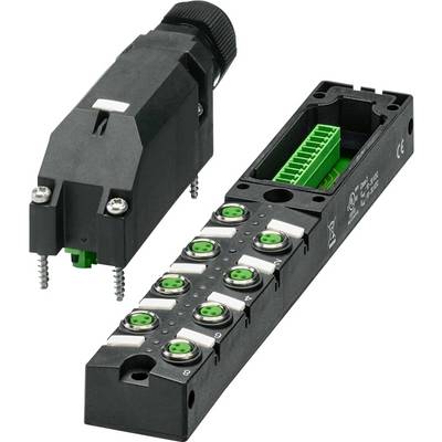 Un module de connecteur électrique industriel noir avec plusieurs ports verts et un couvercle amovible, adapté à diverses applications de câblage.