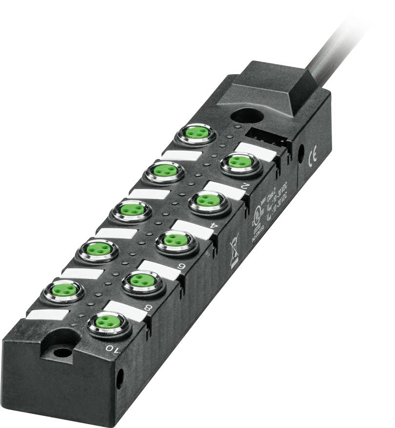 Un boîtier de capteur noir avec huit prises à capuchon vert, numérotées de 0 à 7, doté d'un câble attaché à une extrémité, utilisé pour des connexions industrielles.