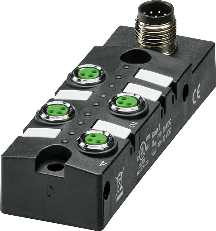 Un connecteur industriel noir avec quatre socles verts cerclés sur le dessus et une prise métallique sur une extrémité. Il comporte des numéros et des marques de certification.