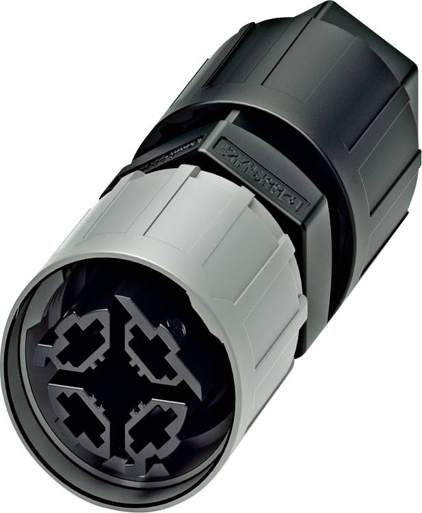 Un connecteur cylindrique multifonctionnel avec un extérieur noir et gris et un design intérieur détaillé.