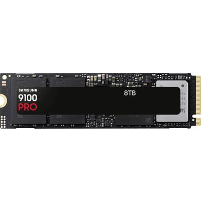 Disque SSD Samsung 9100 PRO 8 To, noir avec connecteur doré, présentant un design compact pour des solutions de stockage haute capacité.