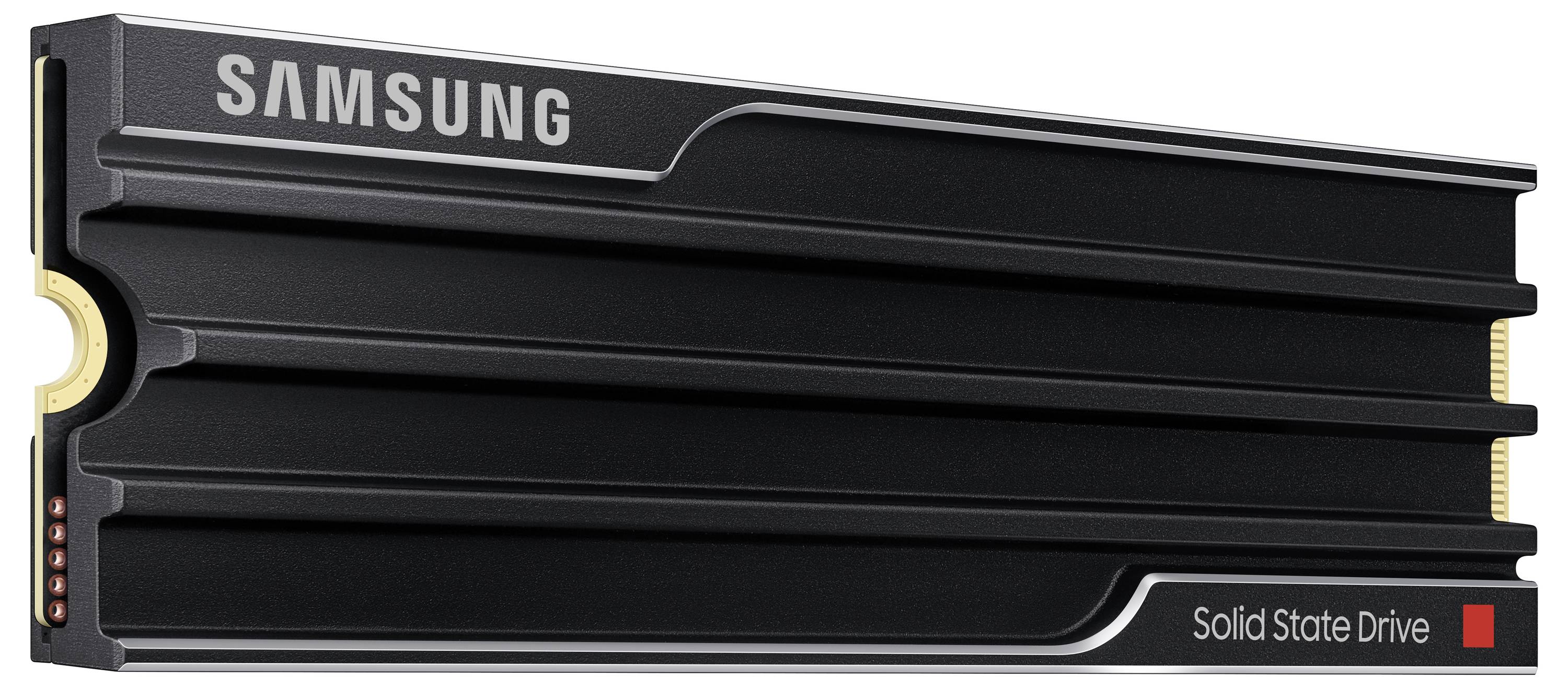 Disque dur SSD Samsung au design noir élégant et aux touches métalliques, reflétant une technologie avancée et des performances élevées.