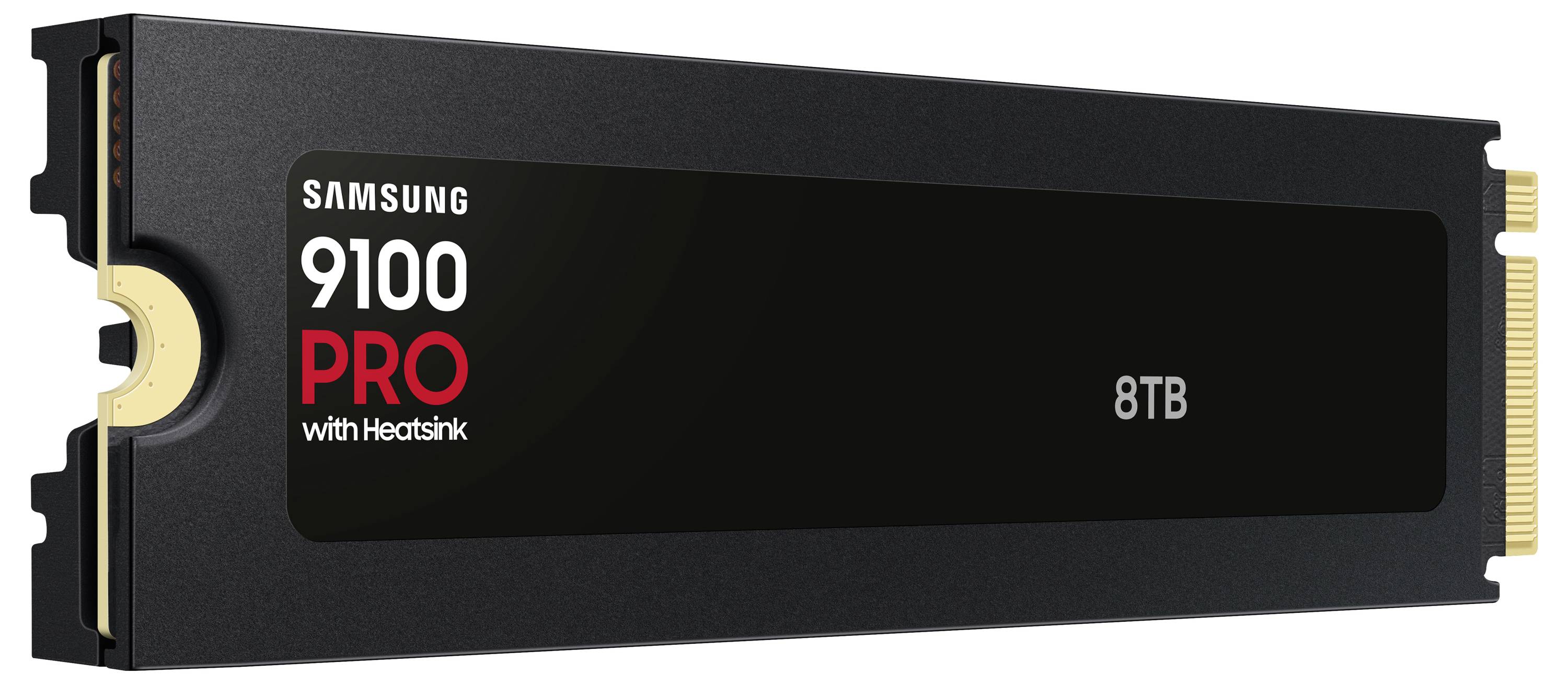 SSD Samsung 9100 PRO avec dissipateur thermique, capacité de 8 To, présentant un design élégant et un extérieur noir.