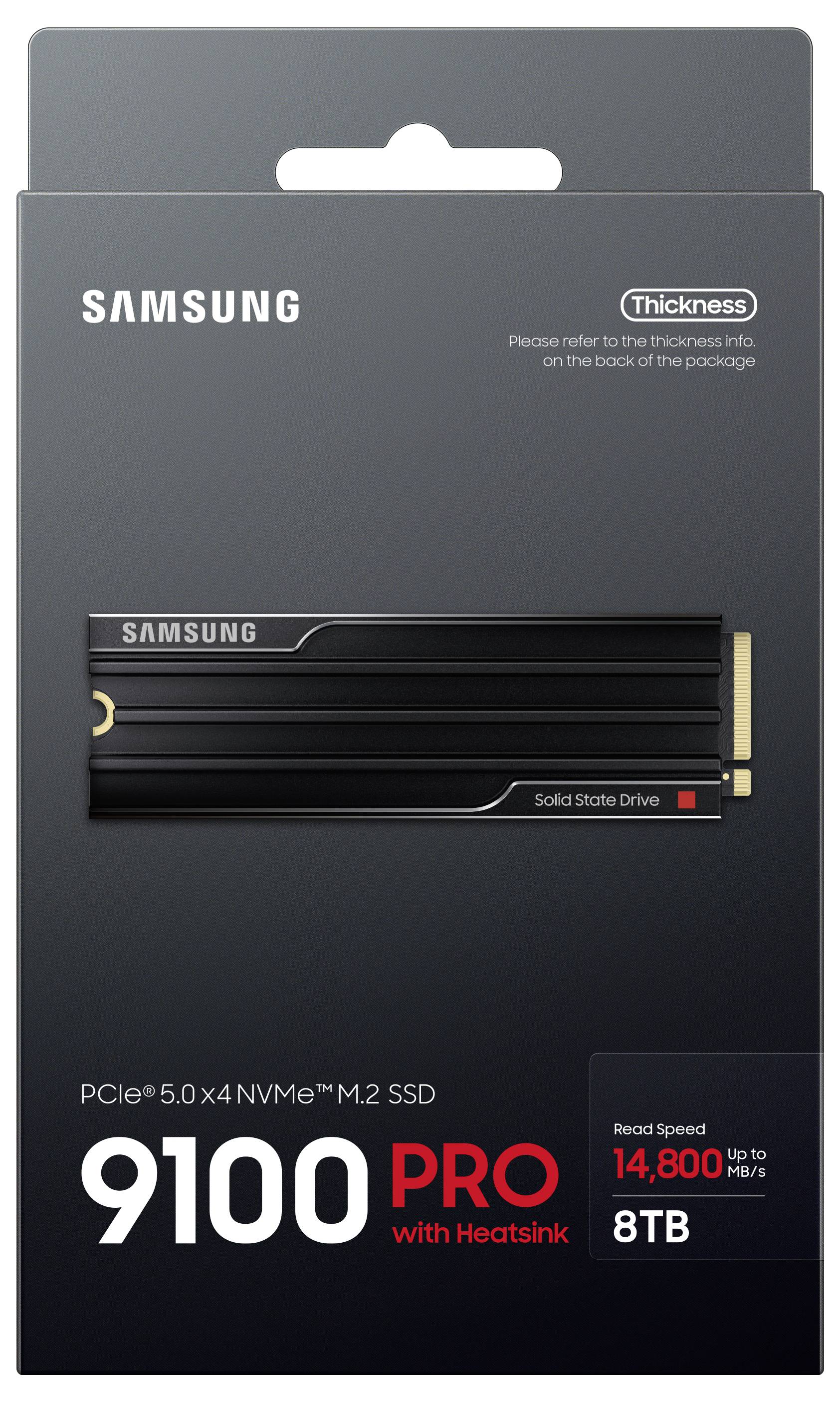 Disque SSD Samsung 9100 PRO NVMe 8 To ; avec vitesse de lecture jusqu'à 14 800 Mo/s et dissipateur thermique.
