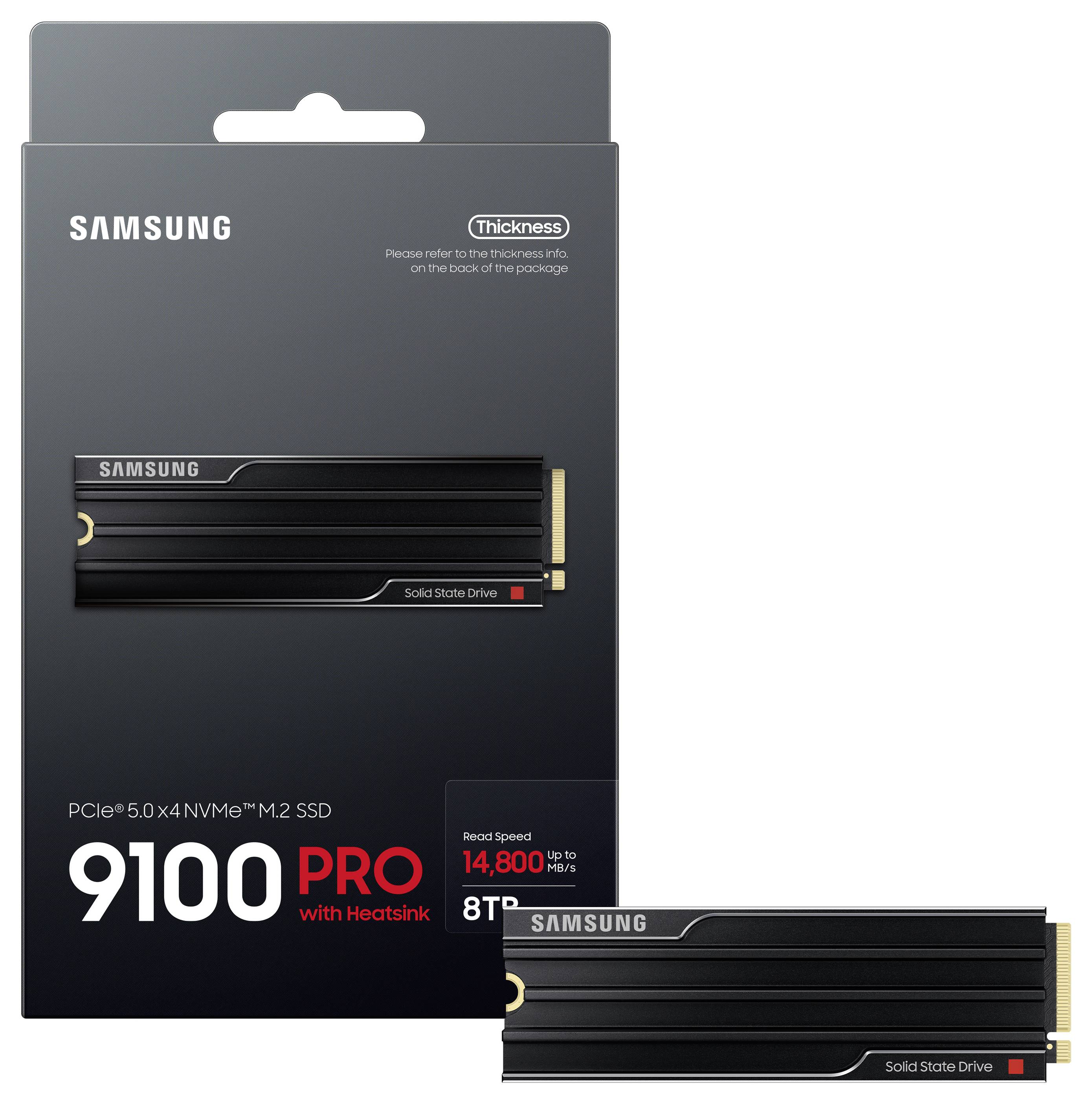 'Samsung 9100 PRO NVMe M.2 SSD avec dissipateur thermique, PCIe 5.0 x4, capacité de 8 To, vitesses de lecture jusqu'à 14 800 Mo/s.'