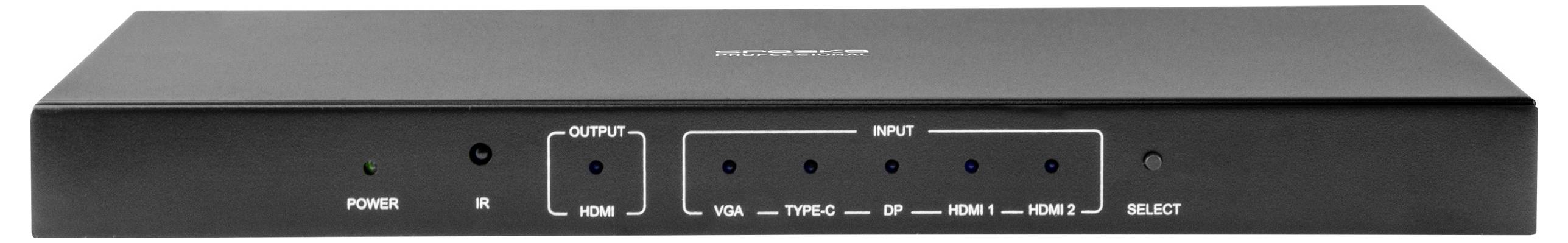 Un commutateur HDMI noir doté de cinq ports d'entrée étiquetés « HDMI 1-5 » et de boutons pour l'alimentation, la télécommande infrarouge (IR) et la sélection.