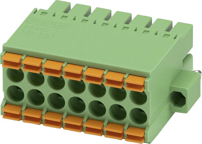 Connecteur électrique vert et orange avec plusieurs emplacements et broches pour applications de câblage, doté d'un boîtier en plastique.