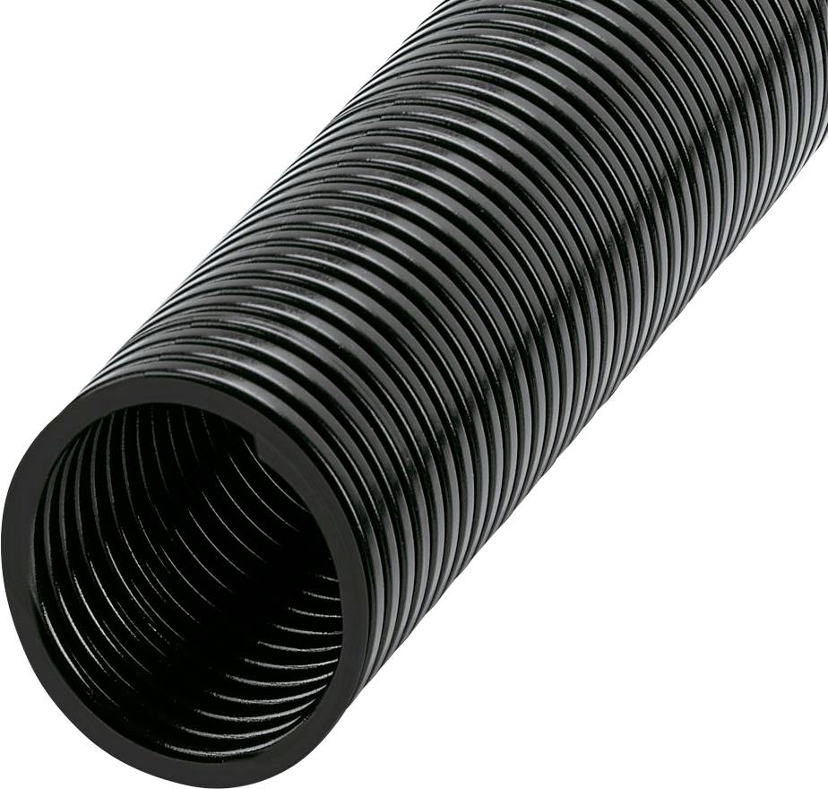 Un tube ondulé noir et flexible est représenté, généralement utilisé pour la protection et la gestion des câbles.