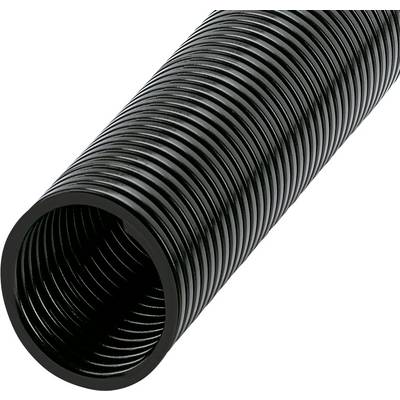 Un tube ondulé noir et flexible est représenté, généralement utilisé pour la protection et la gestion des câbles.