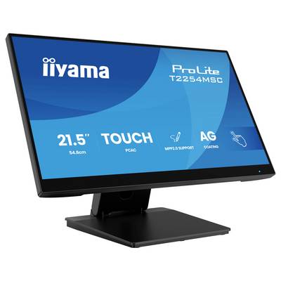 Un moniteur d'ordinateur noir affichant 'iiyama ProLite T2254MSC' avec les caractéristiques suivantes : écran de 21,5 pouces, tactile PCAP, support MPP 2.0, revêtement antireflet.