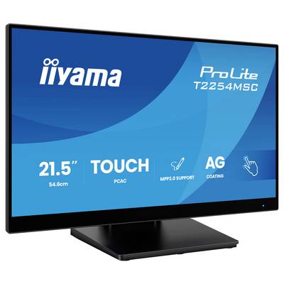 Moniteur étiqueté « iiyama ProLite T2254MSC » avec les caractéristiques : taille de 21,5 pouces, capacités tactiles, support MPP 2.0, revêtement antireflet.