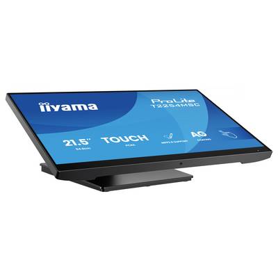 Un écran tactile affichant 'iiyama ProLite T2254MSC' avec des caractéristiques comprenant une taille de 21,5 pouces et un revêtement antireflet.