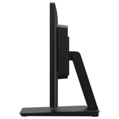 Une vue de côté d'un moniteur d'ordinateur noir au design fin et au support réglable, mettant en valeur son profil élégant et moderne.