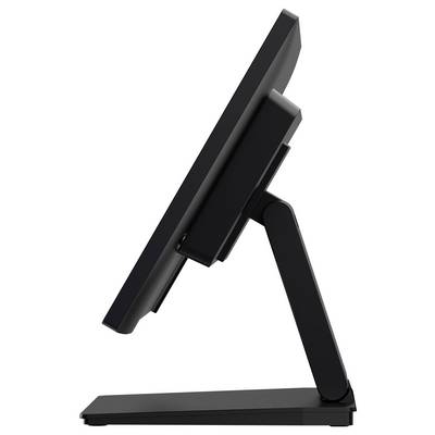 Une vue de côté d'un moniteur d'ordinateur noir sur un support, légèrement incliné vers le haut, présentant son profil élégant et son design ajustable.