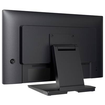 Vue arrière d'un écran d'ordinateur à écran plat avec un support rectangulaire, présentant un design noir élégant et une simple plaque de montage.
