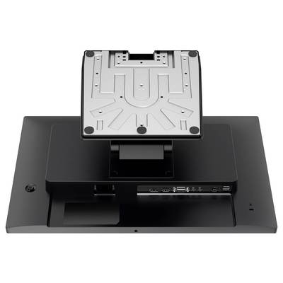 Vue arrière d'un moniteur montrant un support de montage VESA et divers ports, notamment HDMI, DisplayPort, USB et des connexions audio.