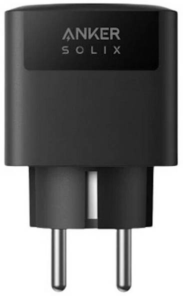 Un adaptateur d'alimentation Anker Solix noir avec deux broches métalliques, conçu pour charger des appareils, vu de face.