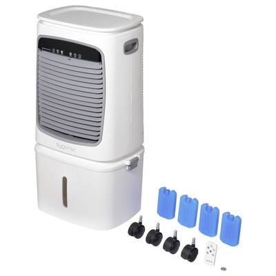 Un climatiseur portable blanc avec un panneau de commande sur le dessus, présenté avec un ensemble de blocs de glace bleus, des roulettes, une télécommande et une batterie.