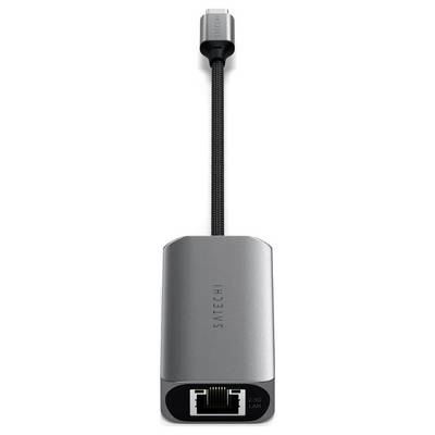 Un adaptateur ethernet avec un connecteur USB-C et un port ethernet, étiqueté « GIG LAN » et « SATECHI ».