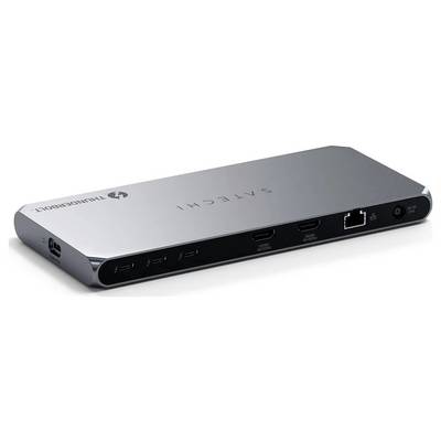 Un dock Thunderbolt élégant et argenté doté de plusieurs ports de connectivité, comprenant USB, HDMI, Ethernet et entrée d'alimentation.