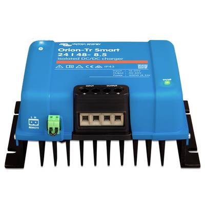 Chargeur DC/DC 'Victron Energy Orion-Tr Smart', boîtier bleu, conçu pour une charge isolée, ports d'entrée et de sortie visibles. Adapté aux systèmes de 24V à 48V.