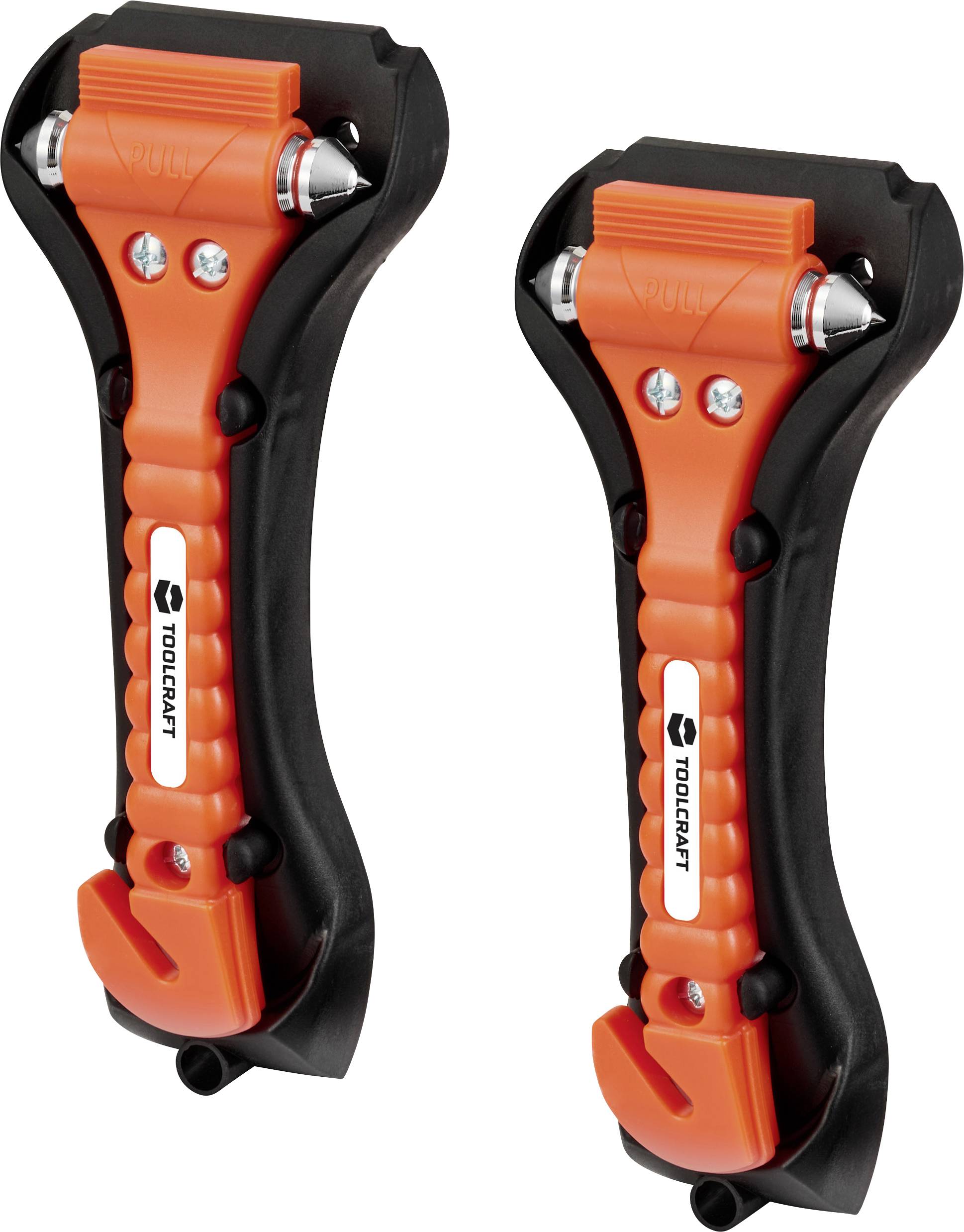 Deux marteaux de secours pour voiture orange et noirs avec des pointes métalliques pointues, des coupe-ceintures et des supports de montage pour une utilisation en toute sécurité.