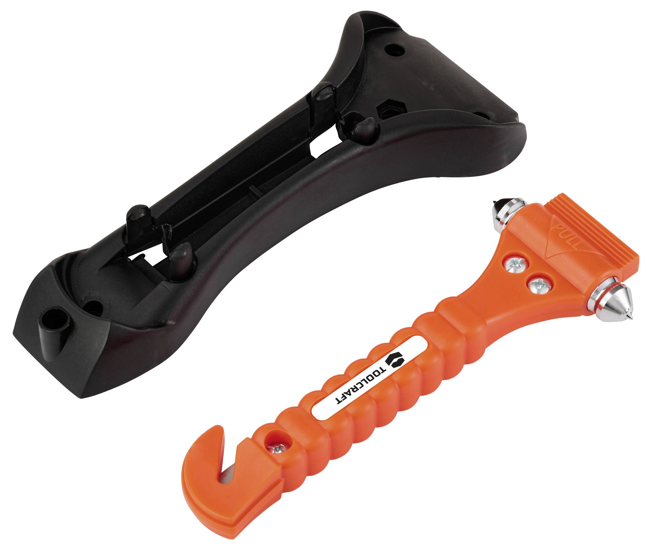 Un outil de secours orange avec un embout en métal en forme de marteau et un coupe-ceinture, à côté de son support de montage noir.