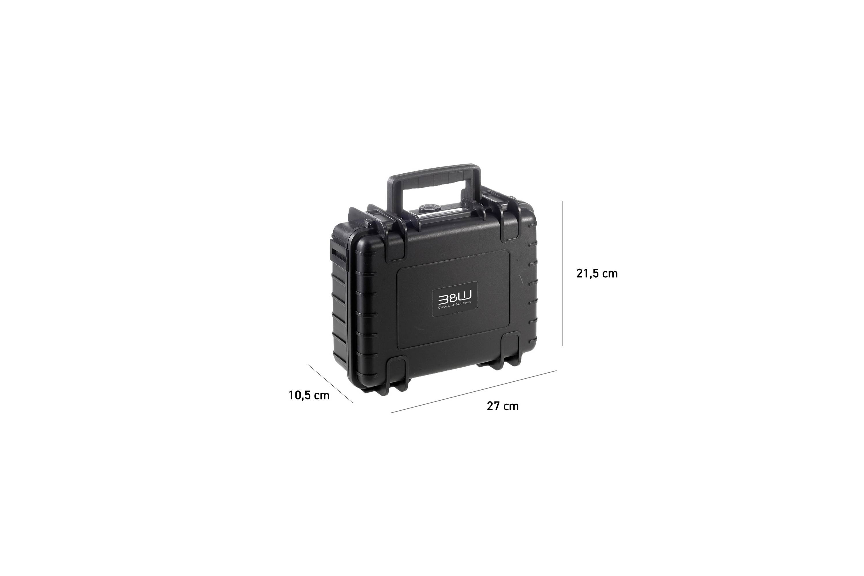 Un étui de protection noir rectangulaire avec poignée, présentant les dimensions suivantes : 21,5 cm de hauteur, 27 cm de largeur et 10,5 cm de profondeur.