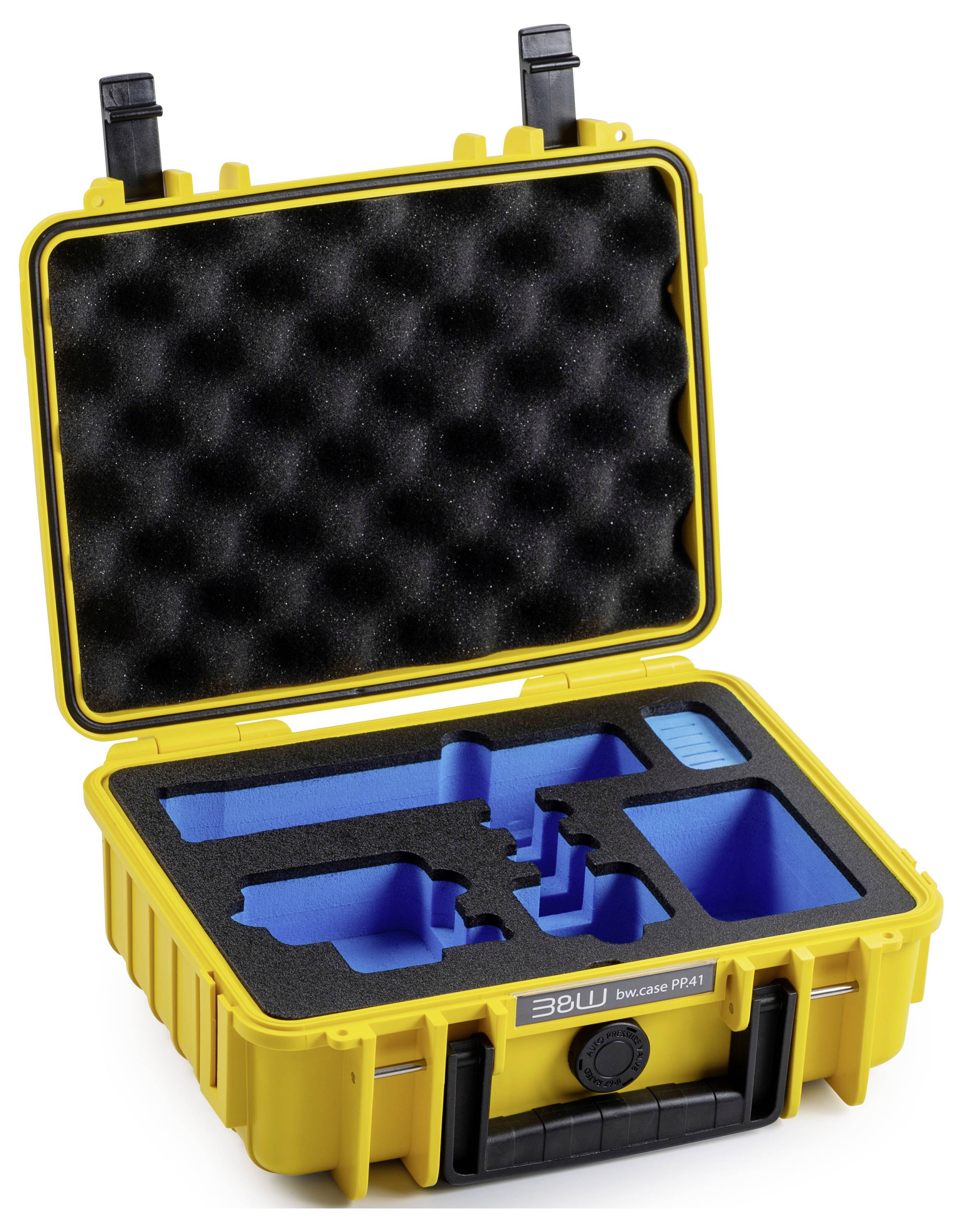 Étui de protection jaune avec intérieur en mousse et compartiments bleus, conçu pour le rangement et le transport sécurisé d'équipements sensibles.