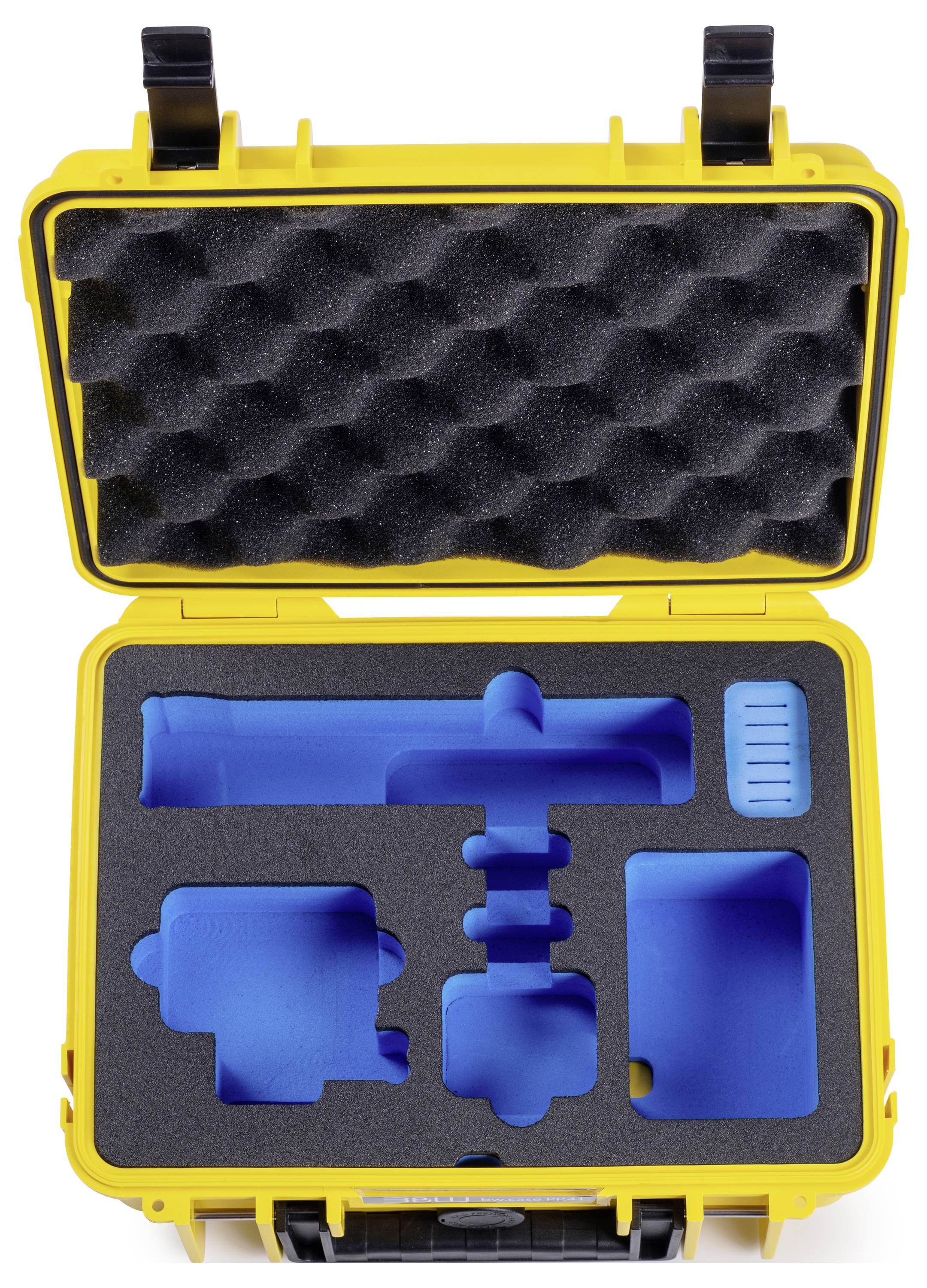 Étui rigide jaune avec insertions en mousse noire découpées sur mesure pour maintenir l'équipement en toute sécurité.