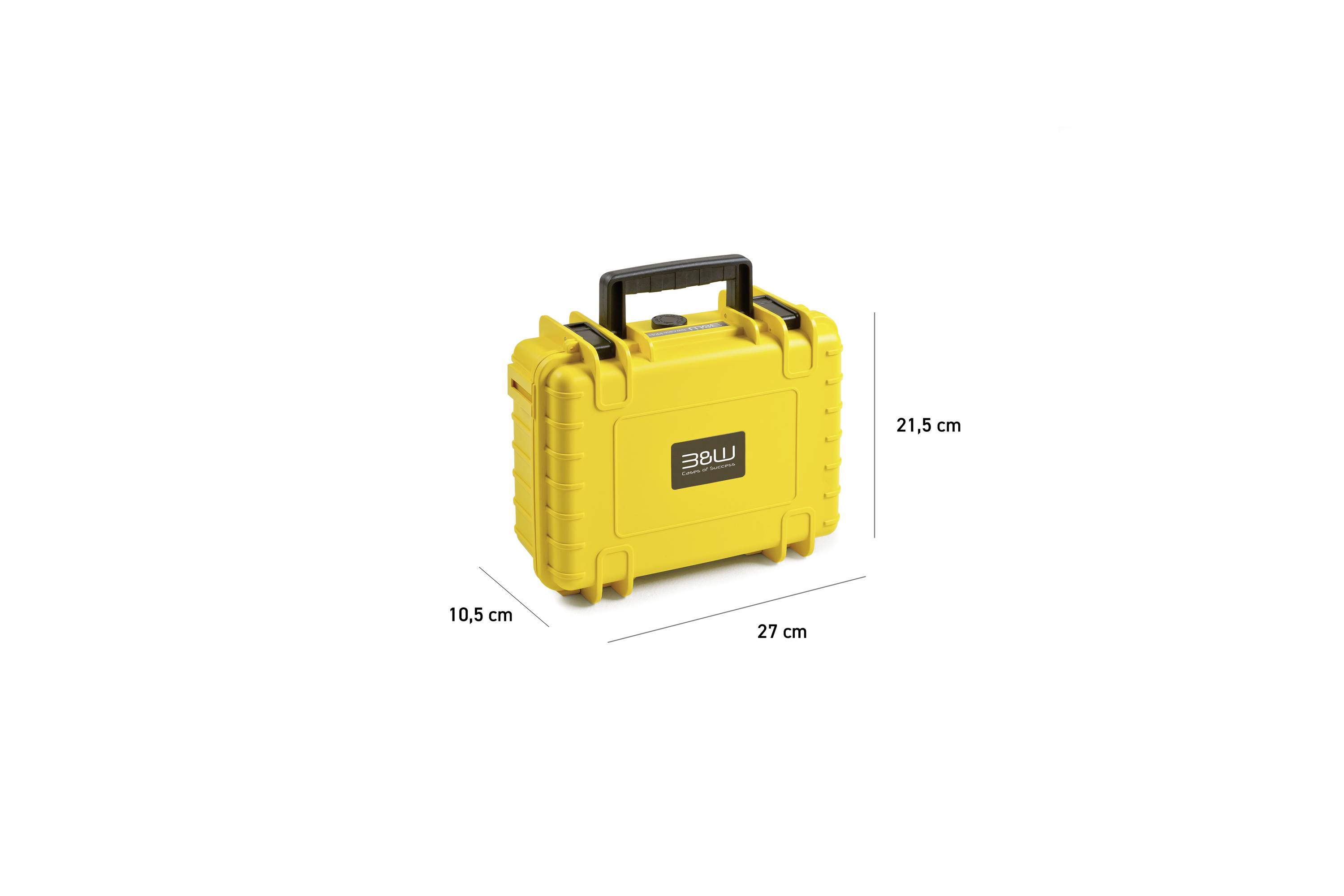 Un petit étui de protection jaune est présenté avec les dimensions suivantes : 21,5 cm de hauteur, 27 cm de largeur et 10,5 cm de profondeur.