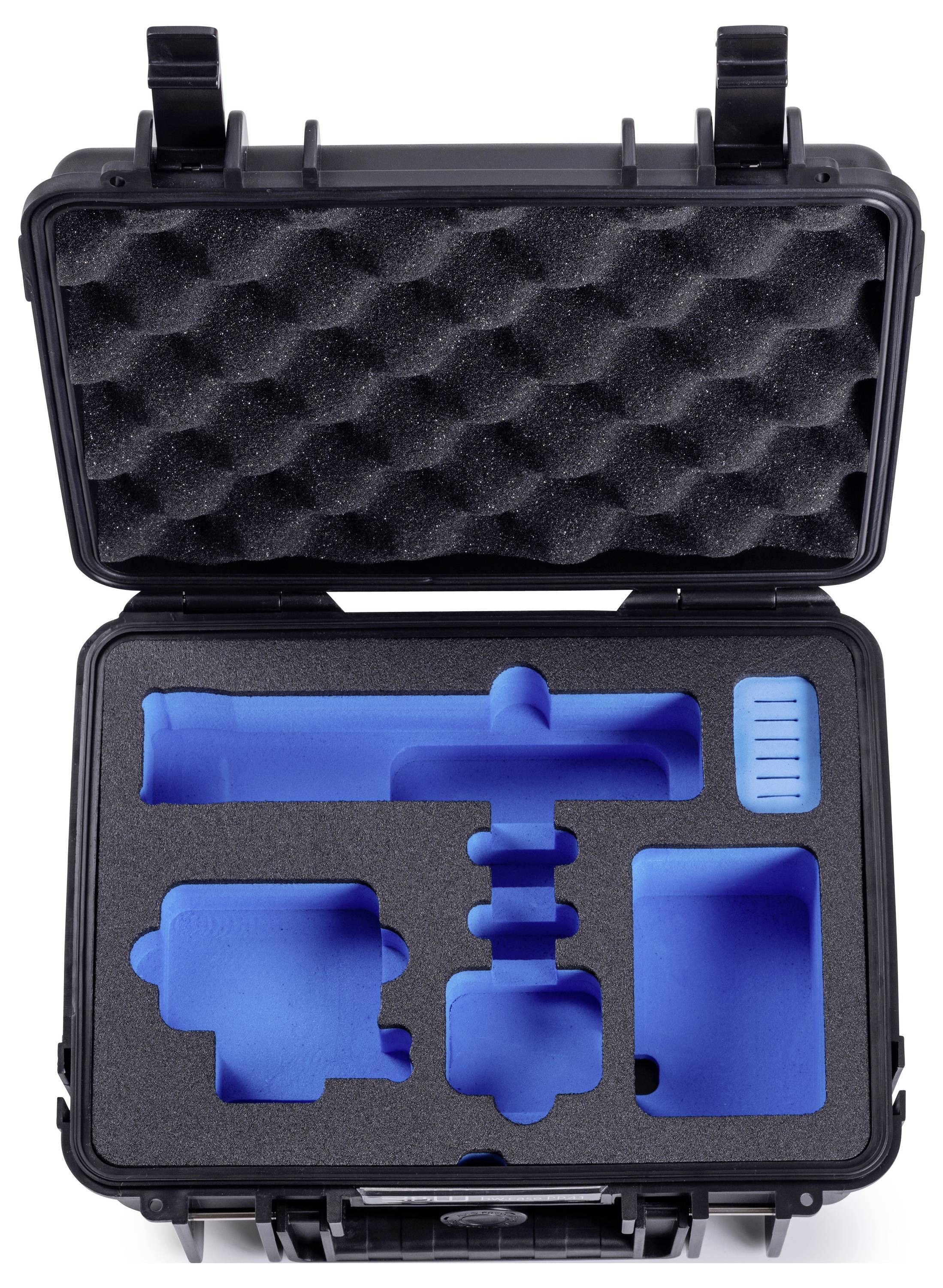 Mallette noire rigide ouverte, avec mousse personnalisée bleue, présentant différents évidements pour ranger en toute sécurité du matériel spécifique.