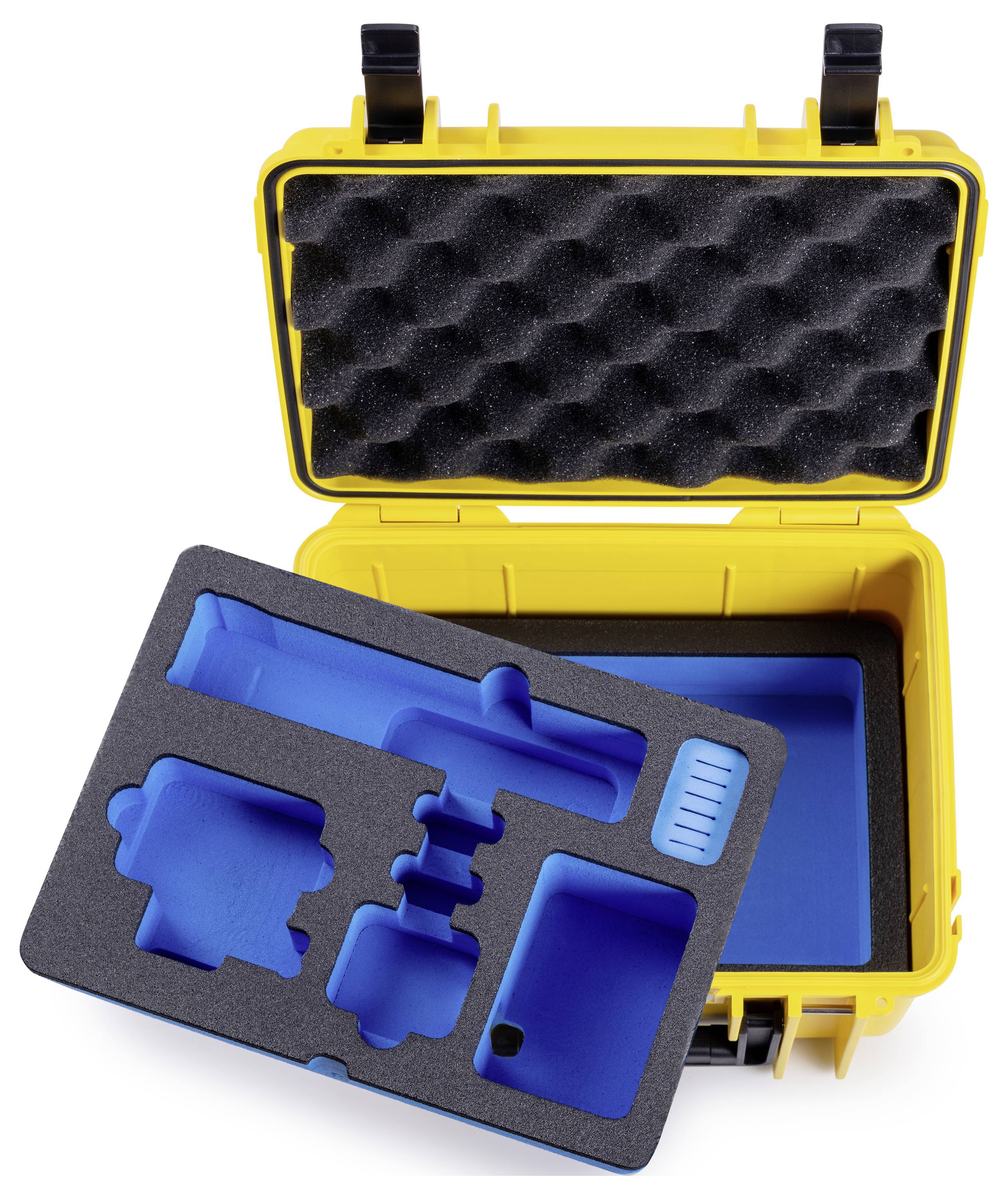 Un étui de protection jaune avec deux couches de mousse intégrées, une noire avec des découpes pour les outils et un compartiment bleu pour tablette, présenté ouvert.
