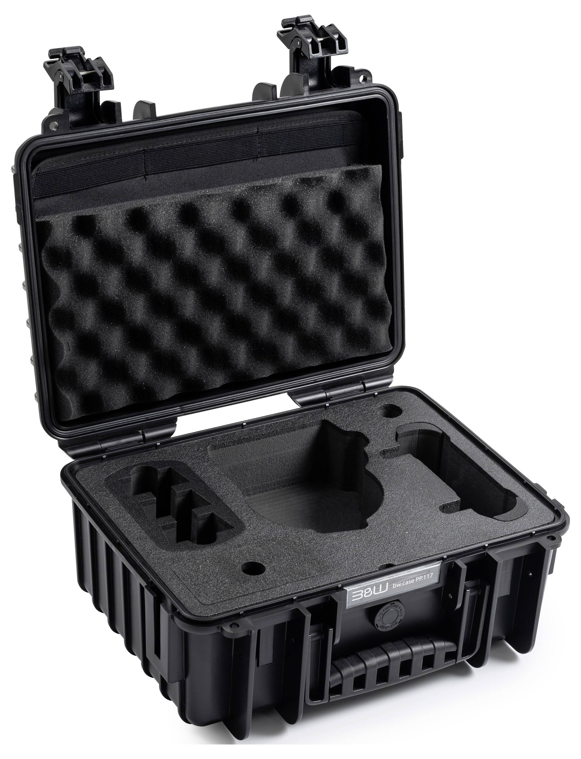 Un étui de protection noir ouvert avec un intérieur rembourré de mousse, conçu pour ranger et transporter des équipements en toute sécurité.
