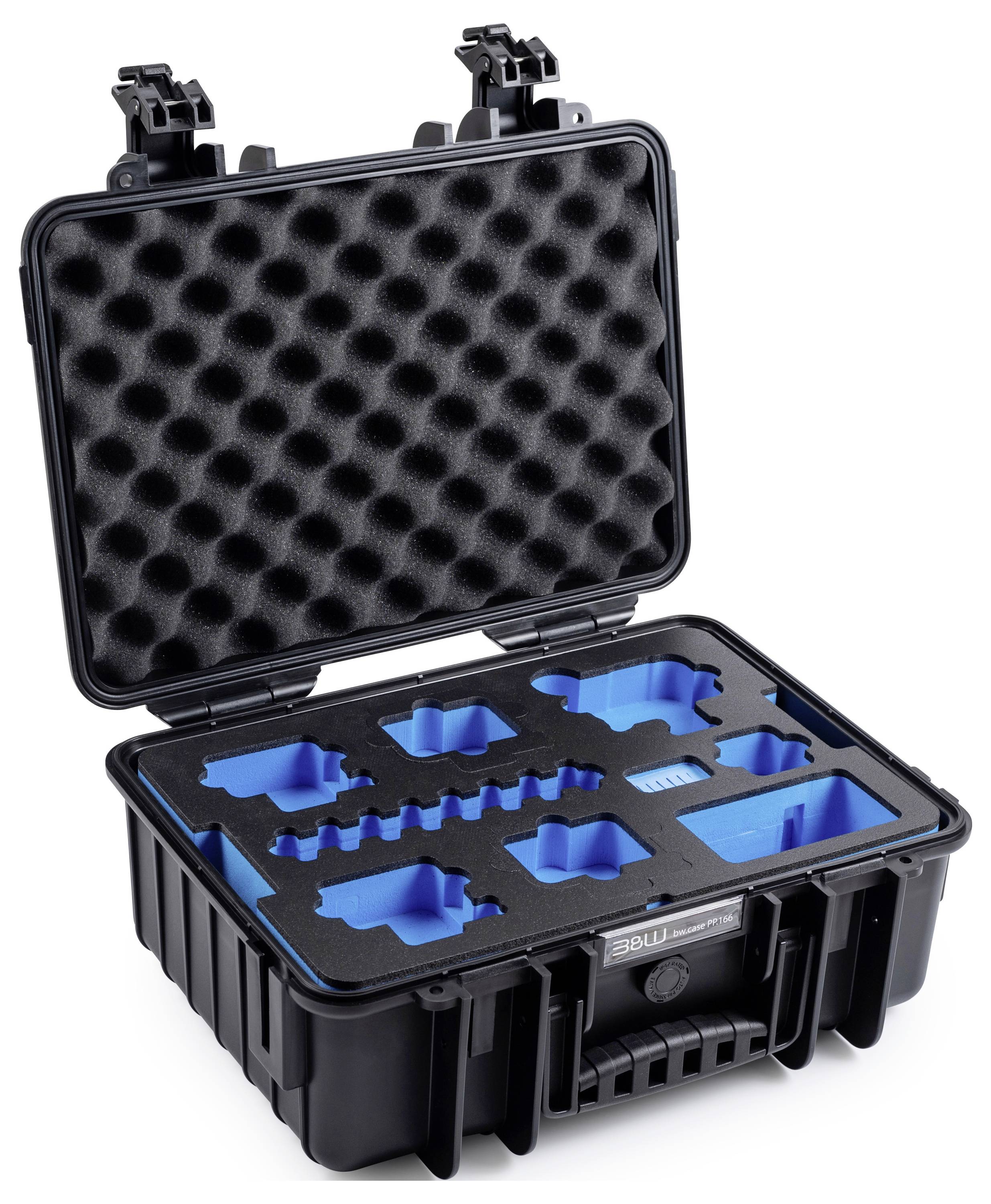 Un étui de protection noir avec un couvercle ouvert révélant des insertions en mousse bleue, conçu pour maintenir et organiser de manière sécurisée plusieurs appareils électroniques ou outils.