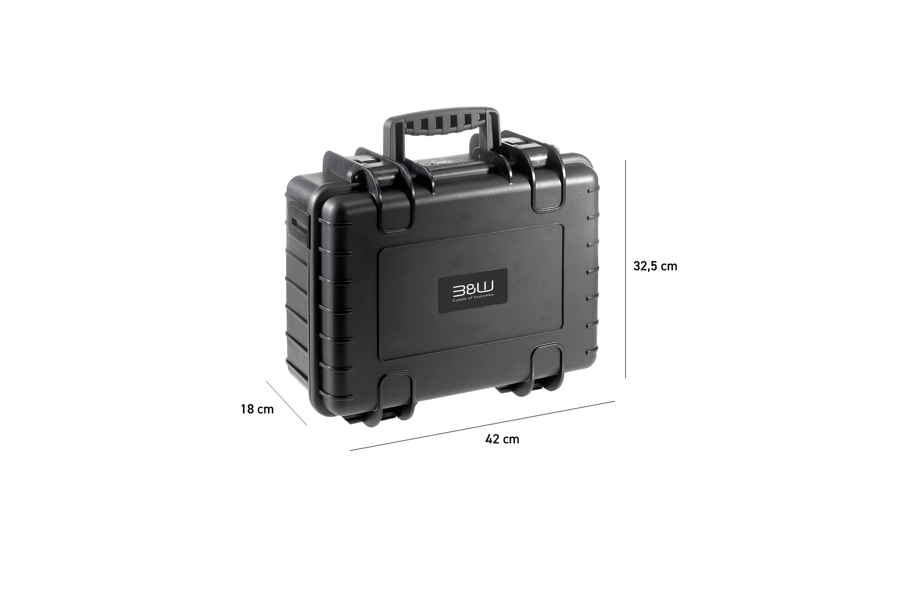 Un étui de transport noir rectangulaire dont les dimensions sont étiquetées comme suit : 32,5 cm de hauteur, 18 cm de largeur et 42 cm de longueur. L'étui est équipé d'une poignée sur le dessus.